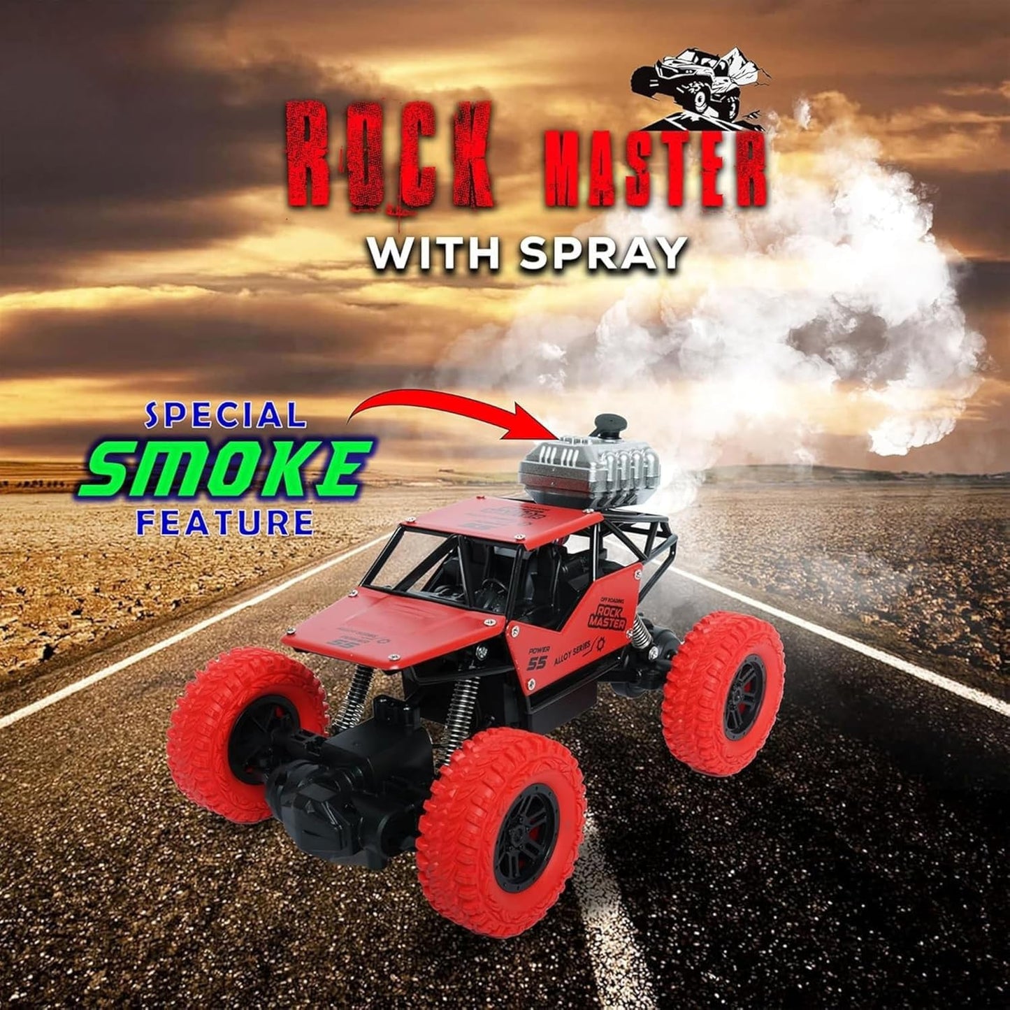 The Flyers Bay Rock Master Remote Control Car with Smoke | 2WD Monster Truck Rock Crawler for Kids | 2.4 GHz RC, Off-Road Suspension, LED Smoke Effect | Rechargeable C-Type Charging