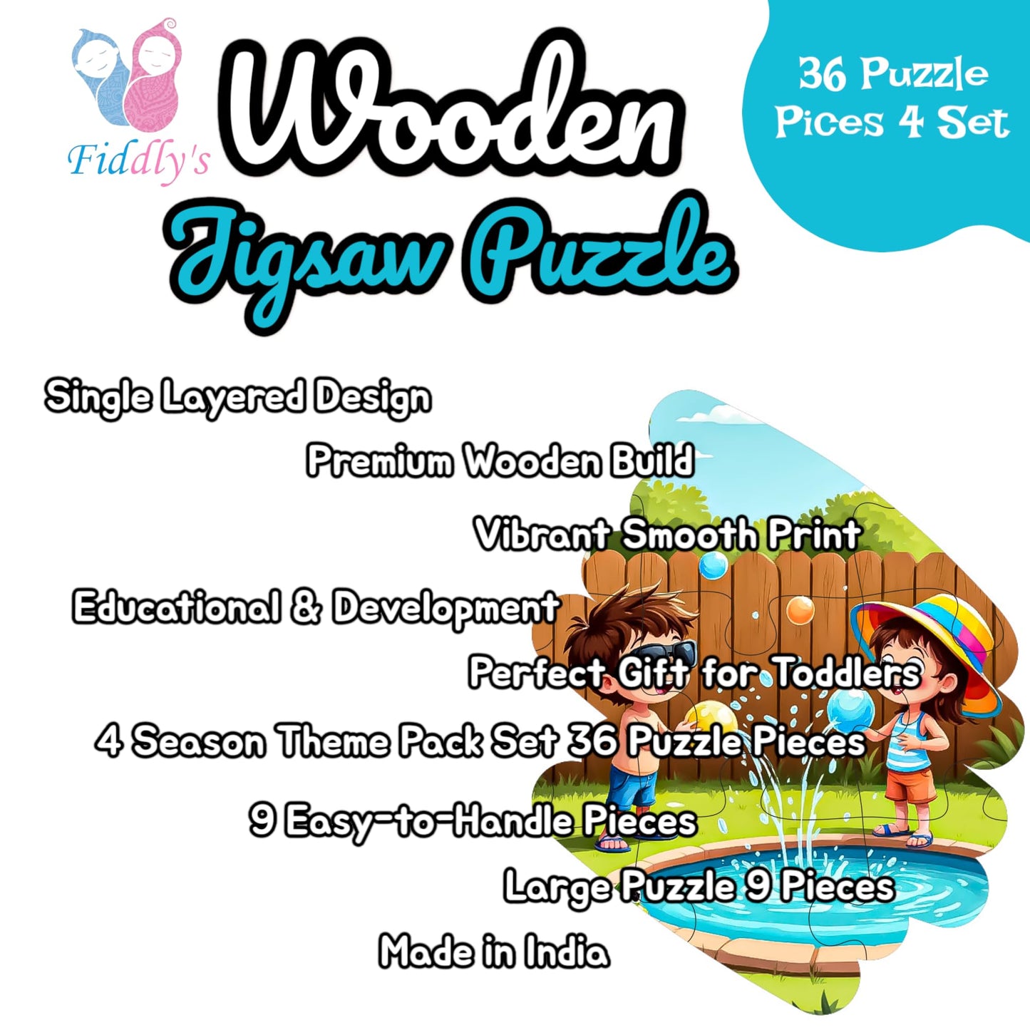 Fiddlys Single Layered Wooden Jigsaw Puzzle Games for Children & Kids -9 Pieces Age 2 3 4 5 6 Year Old Years Old Girls & Boys Animals Jigsaw Puzzle