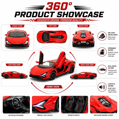 The Flyers Bay 1:32 Scale DieCast Metal Pull-Back Action Openable Doors Light and Music Lamborghini Premium Car Toy for Kids Realistic Miniature Model Gift 2+yrs Girls Boys