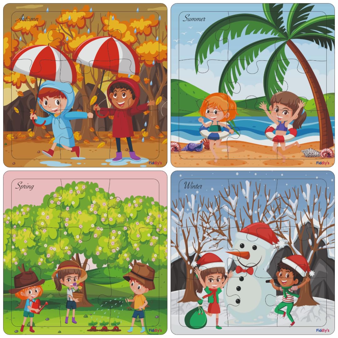Fiddlys Wooden Jigsaw Puzzles for Kids & Children – 9 Pieces Each, Pack of 4|Double Layered Front & Back Print| Educational Toy for Boys & Girls Age 2 3 4 5 6 Year Old (Seasons Pack of 4)