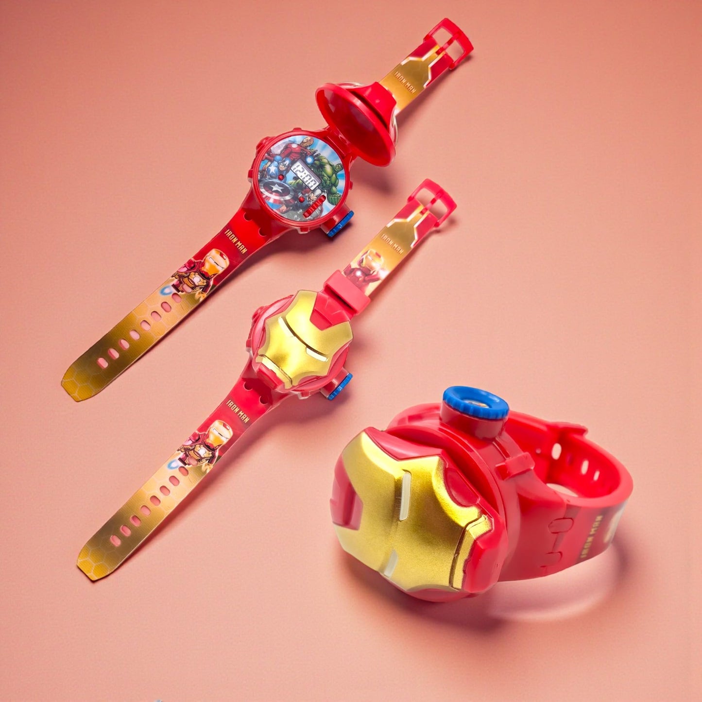 Fiddlys Kids Projection Watch Toy – Cartoon Digital Watch with 6 Image Projector, Adjustable Strap, Birthday Return Gift for Boys & Girls Age 3+ (Red-Gold)