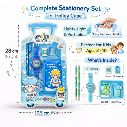 Fiddlys Kids Stationery Gift Set with Watch & Pouch | Cute Travel Kit for Boys & Girls | Pencil, Eraser, Sharpener, Wallet Combo (Space Travel)