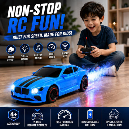 The Flyers Bay 2.4GHz RC Car for Kids 4+ | Spray Mist, LED Lights, Music & Rechargeable Battery (Blue)