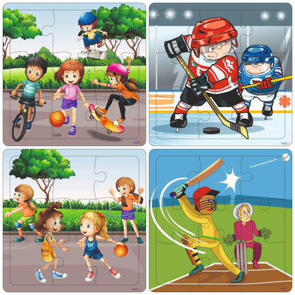 Fiddlys Wooden Jigsaw Puzzles for Kids & Children – 9 Pieces Each, Pack of 4|Double Layered Front & Back Print| Educational Toy for Boys & Girls Age 2 3 4 5 6 Year Old (Sports - Pack of 4)
