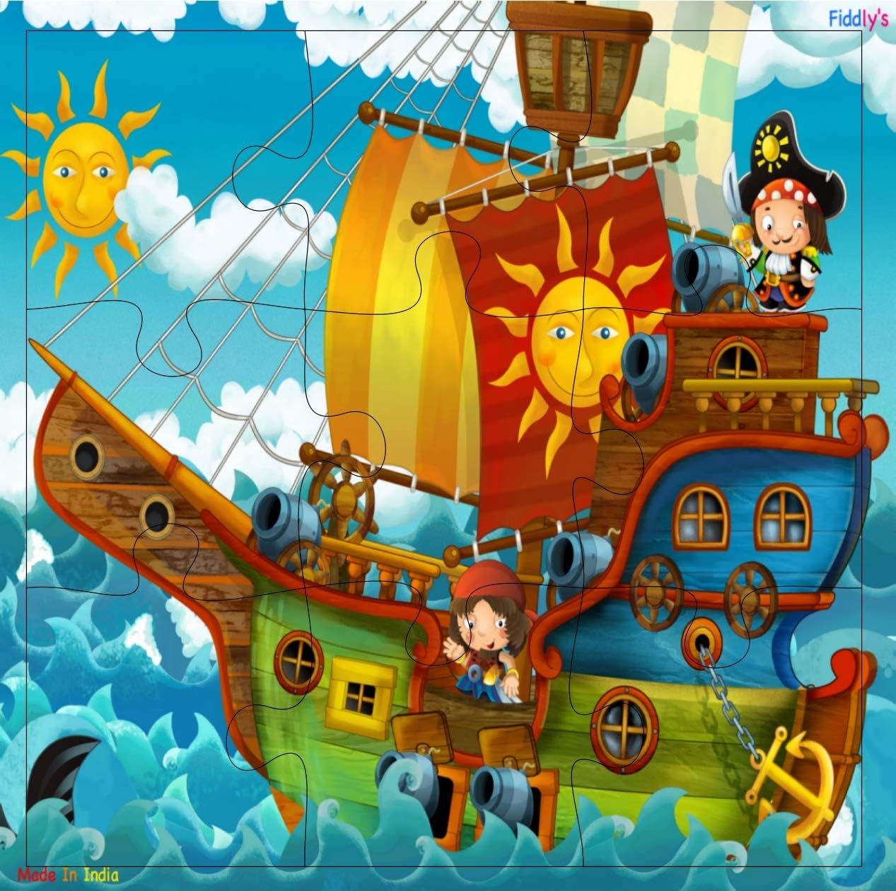 Fiddlys Wooden Jigsaw Puzzles for Kids & Children – 9 Pieces Each, Pack of 4 | Double Layered Puzzles with Bright Front & Back Print | Educational Toy for Boys & Girls Age 3+(Good Pirates - Pack of 4)