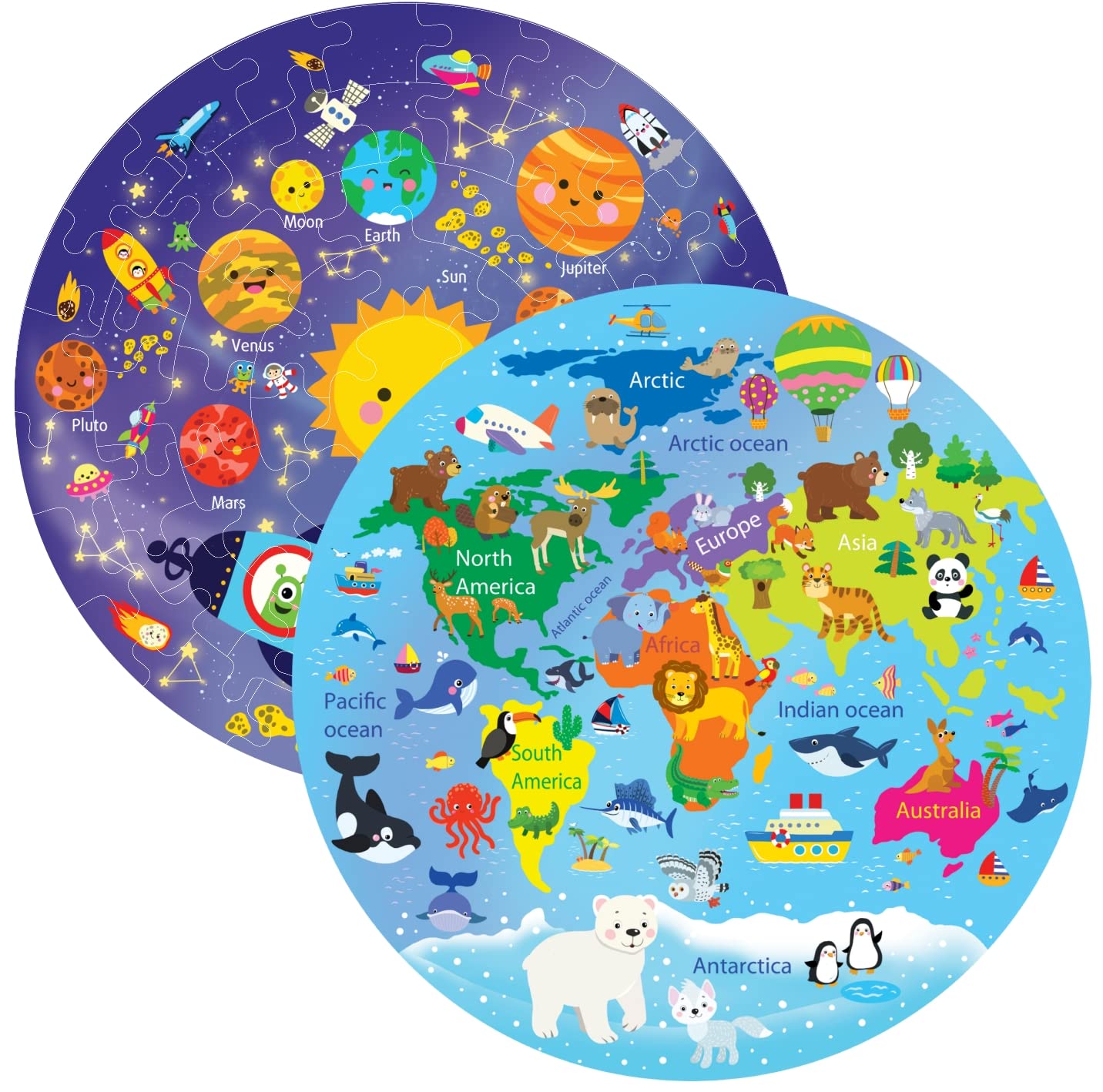 Fiddlys Creative Wooden Jigsaw Puzzle for Kids | 66 Pieces Educational Single Layer Puzzle | Fun & Learning Toy for Children Ages 3+ Pack of 2 (World Map & Solar System)