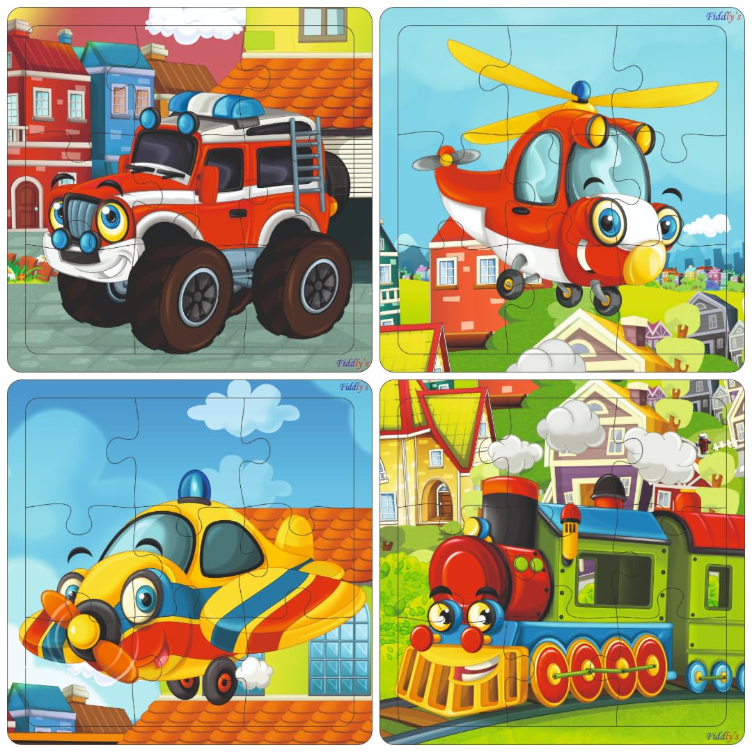 Fiddlys Wooden Jigsaw Puzzles for Kids & Children – 9 Pieces Each, Pack of 4|Double Layered Front & Back Print| Educational Toy for Boys & Girls Age 2 3 4 5 6 Year Old (Vehicles (Pack of 4))