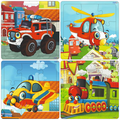 Fiddlys Wooden Jigsaw Puzzles for Kids & Children – 9 Pieces Each, Pack of 4|Double Layered Front & Back Print| Educational Toy for Boys & Girls Age 2 3 4 5 6 Year Old (Vehicles (Pack of 4))