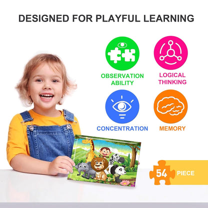 Fiddlys 54 Pcs Wood Jigsaw Puzzles for Kids & Children Age 6+ Double Layered Wooden Puzzles with Bright Front & Back Print Puzzle for Kids-Educational Toy (Jungle World)
