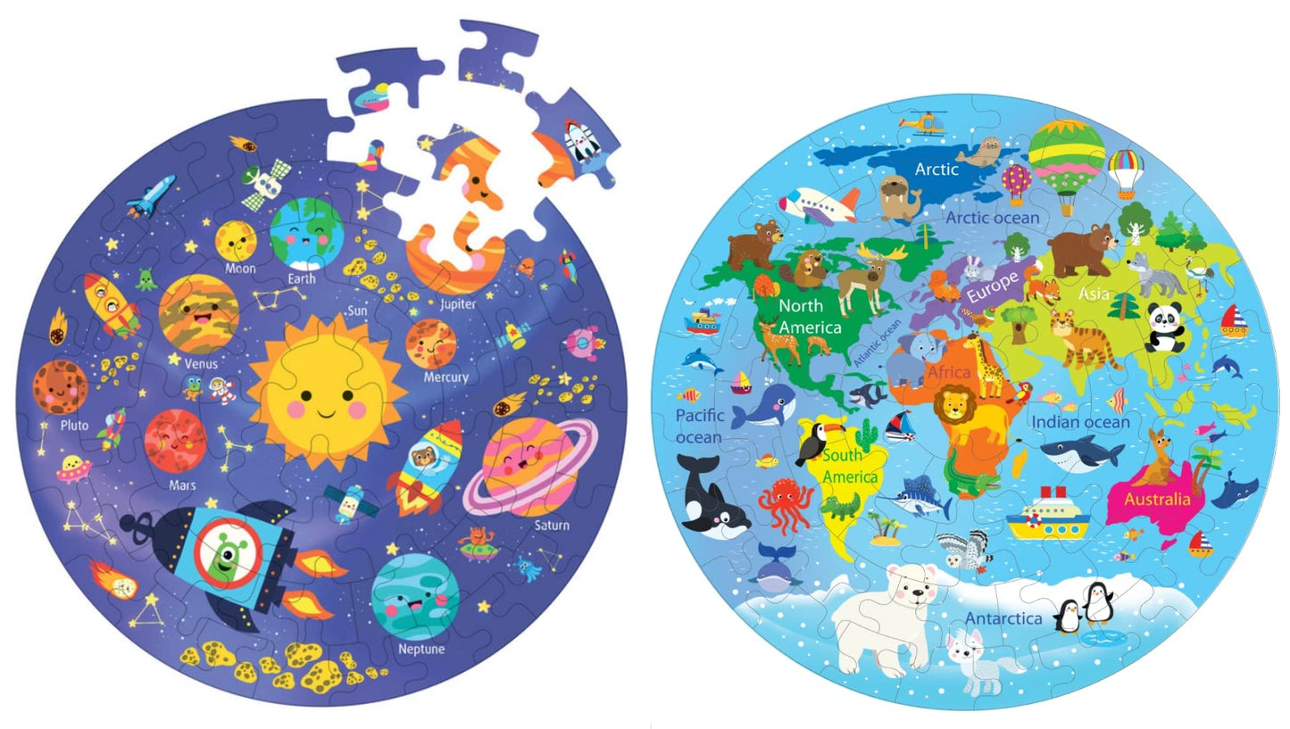 Fiddlys Creative Wooden Jigsaw Puzzle for Kids | 66 Pieces Educational Single Layer Puzzle | Fun & Learning Toy for Children Ages 3+ Pack of 2 (World Map & Solar System)