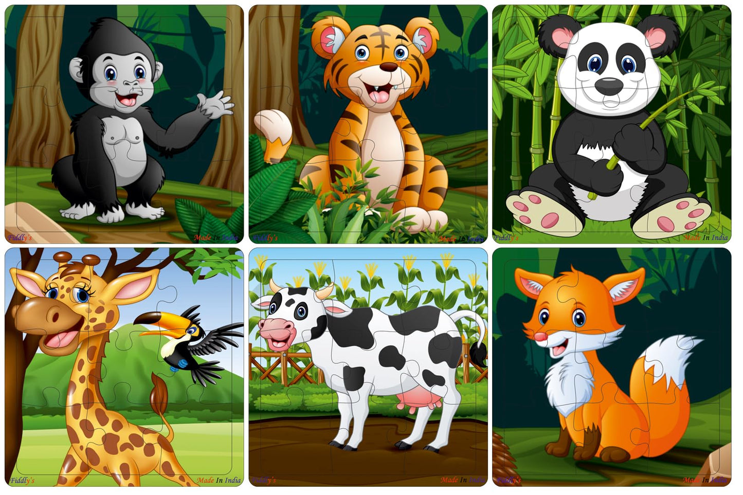 Fiddlys Wooden Jigsaw Puzzles for Kids & Children – 9 Pieces Each, Pack of 6|Double Layered Front & Back Print| Educational Toy for Boys & Girls Age 2 3 4 5 6 Year Old (Wild & Pets Animal)