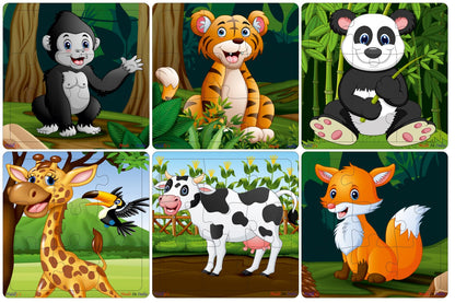 Fiddlys Wooden Jigsaw Puzzles for Kids & Children – 9 Pieces Each, Pack of 6|Double Layered Front & Back Print| Educational Toy for Boys & Girls Age 2 3 4 5 6 Year Old (Wild & Pets Animal)