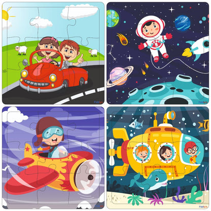 Fiddlys Wooden Jigsaw Puzzles for Kids & Children – 9 Pieces Each, Pack of 4|Double Layered Front & Back Print| Educational Toy for Boys & Girls Age 2 3 4 5 6 Year Old (Travel Pack of 4)