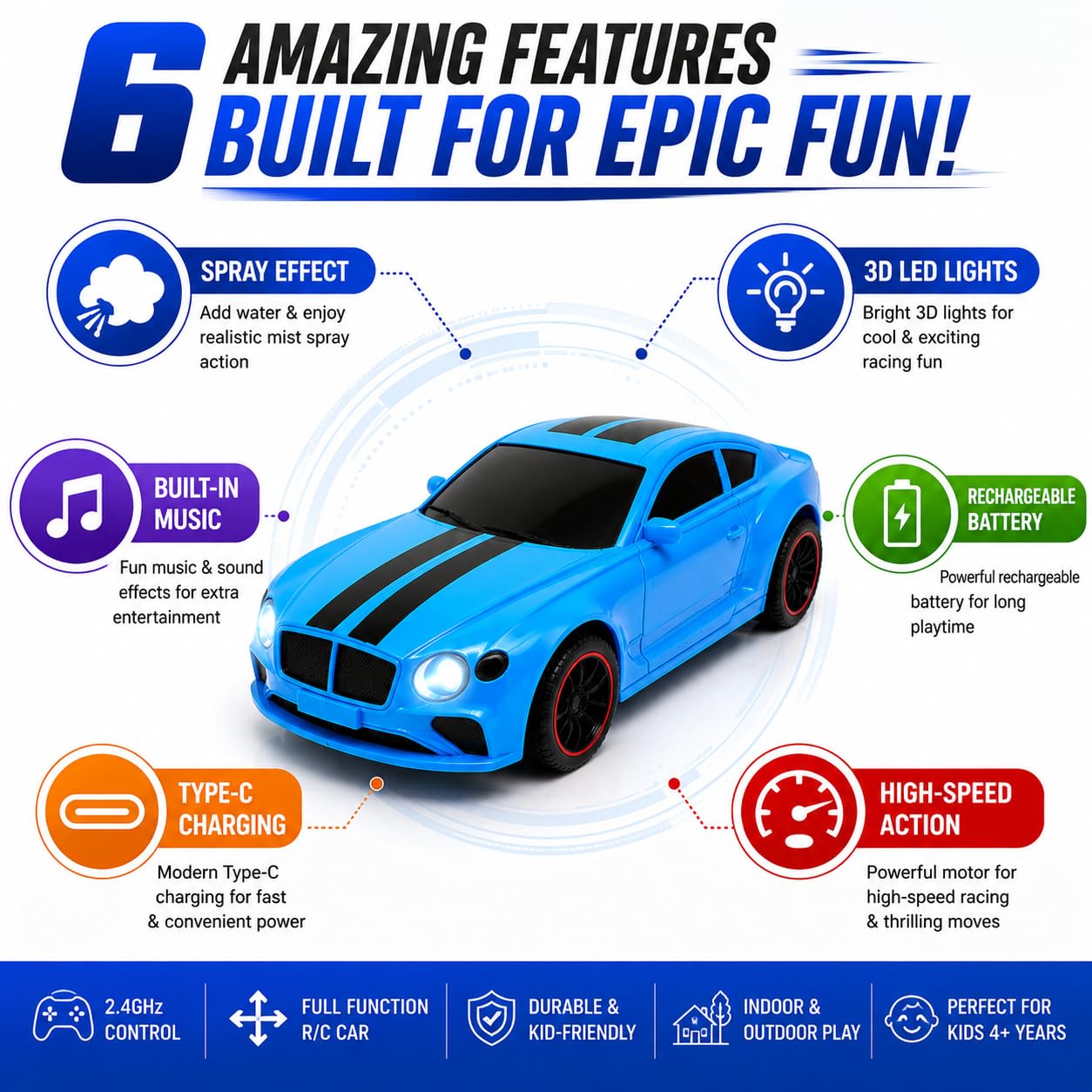 The Flyers Bay 2.4GHz RC Car for Kids 4+ | Spray Mist, LED Lights, Music & Rechargeable Battery (Blue)