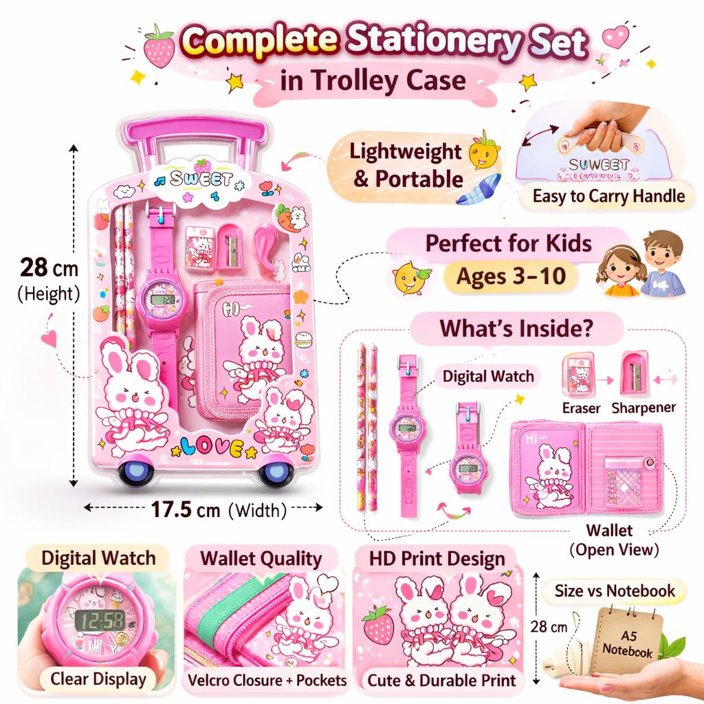 Fiddlys Kids Stationery Gift Set with Watch & Pouch | Cute Travel Kit for Boys & Girls | Pencil, Eraser, Sharpener, Wallet Combo (Sweet Bunny)