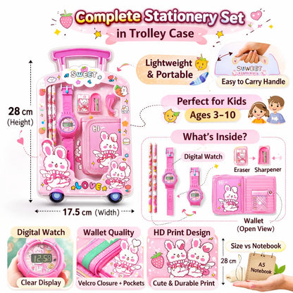 Fiddlys Kids Stationery Gift Set with Watch & Pouch | Cute Travel Kit for Boys & Girls | Pencil, Eraser, Sharpener, Wallet Combo (Sweet Bunny)