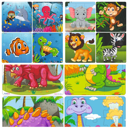 Fiddlys Wooden Jigsaw Puzzles for Kids & Children – 9 Pieces Each, Pack of 12|Double Layered Front & Back Print| Educational Toy for Boys & Girls Age 2 3 4 5 6 Year Old (Animals+Dinos+Sea)