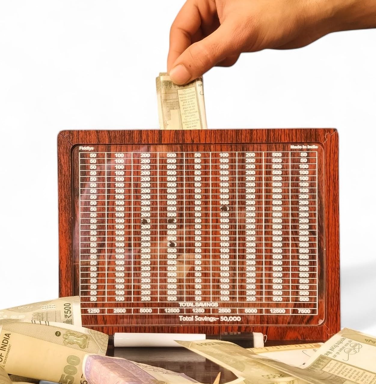 Fiddlys Money/Piggy Bank, Money Coin Box for Kids 2 3 4 Years/Children, Savings Challenge Box, Cashbox, Cash Vault Wooden Savings Box,Wooden Coin Piggy Bank (Rs. 50,000),Educational Gift for Kids