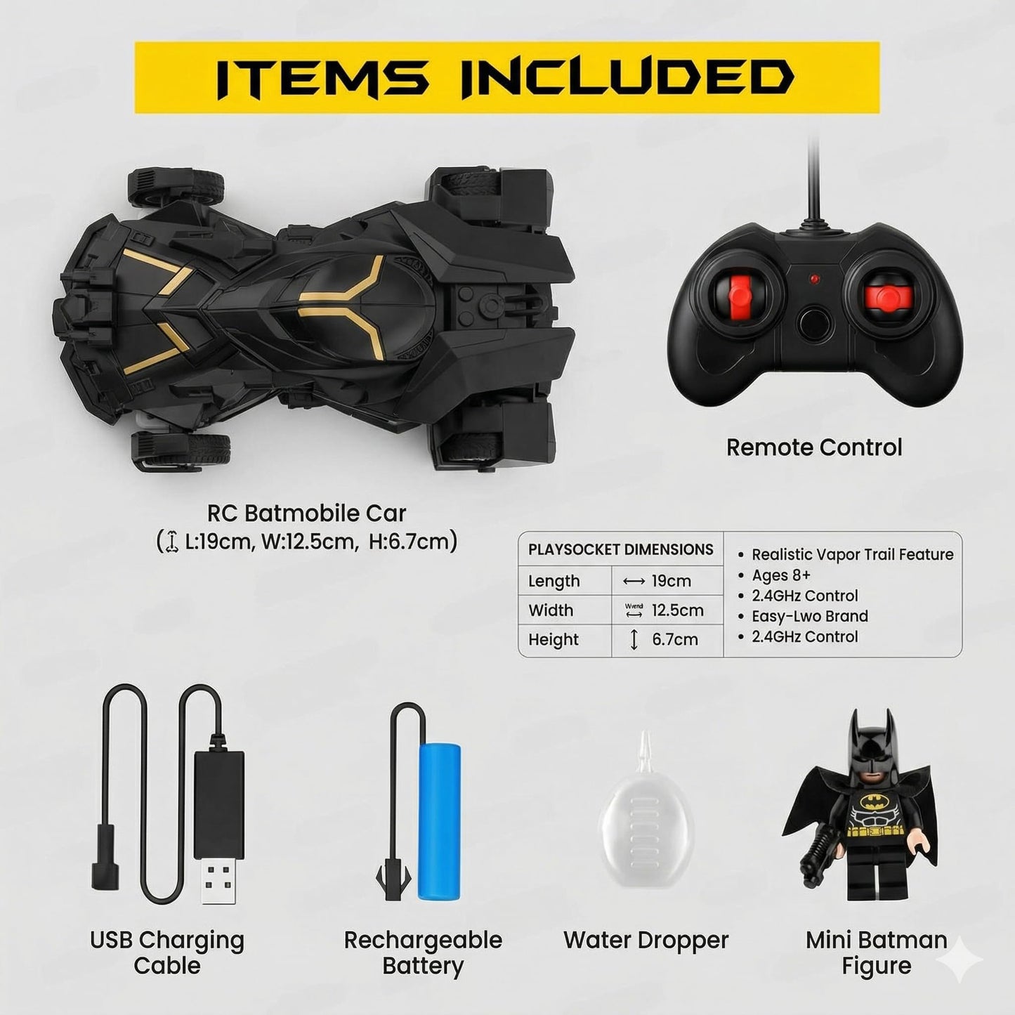The Flyers Bay Remote Control Car for Kids with Mist Spray Action, Flashing LED Lights, 10ft Control Range, Rechargeable RC Toy Car for Boys & Girls Age 4+ (Batman Smoke Car)
