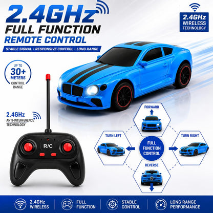 The Flyers Bay 2.4GHz RC Car for Kids 4+ | Spray Mist, LED Lights, Music & Rechargeable Battery (Blue)