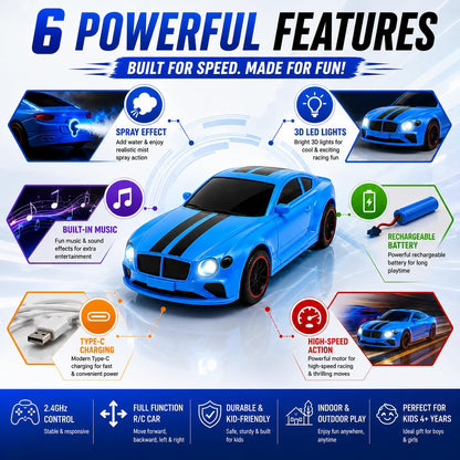 The Flyers Bay 2.4GHz RC Car for Kids 4+ | Spray Mist, LED Lights, Music & Rechargeable Battery (Blue)