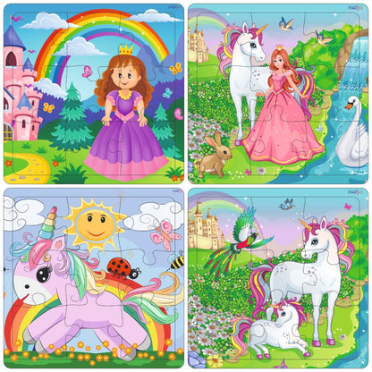 Fiddlys Wooden Jigsaw Puzzles for Kids & Children – 9 Pieces Each, Pack of 4|Double Layered Front & Back Print| Educational Toy for Boys & Girls Age 2 3 4 5 6 Year Old (Unicorn & Princess)
