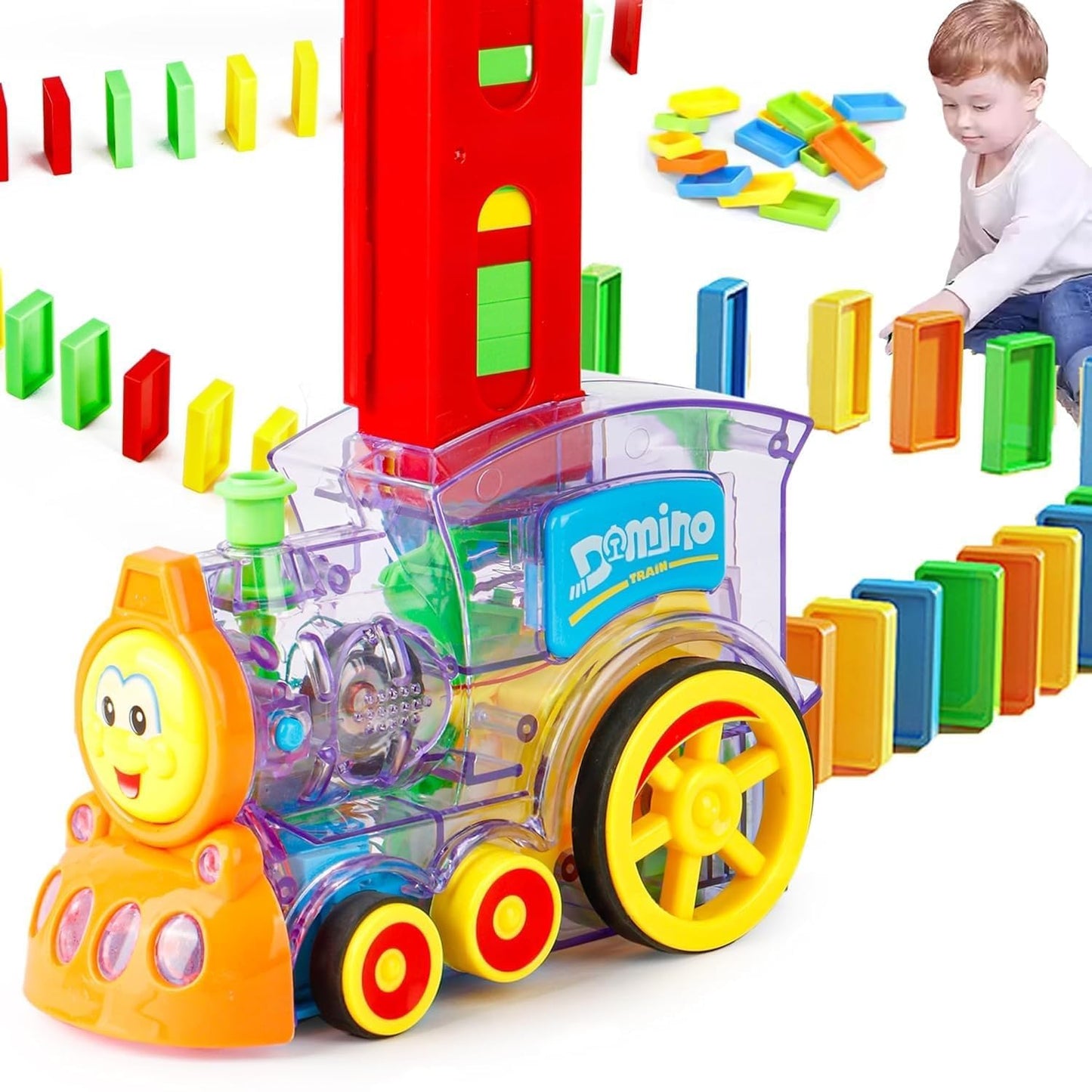 The Flyers Bay Domino Train Toy, 40 Pieces Domino Blocks Set for Kids Educational Game Play Set with Light & Sound Stacking Toy Block Set for 3-7 Year Old Toys for Boys Girls (Battery Not Included)