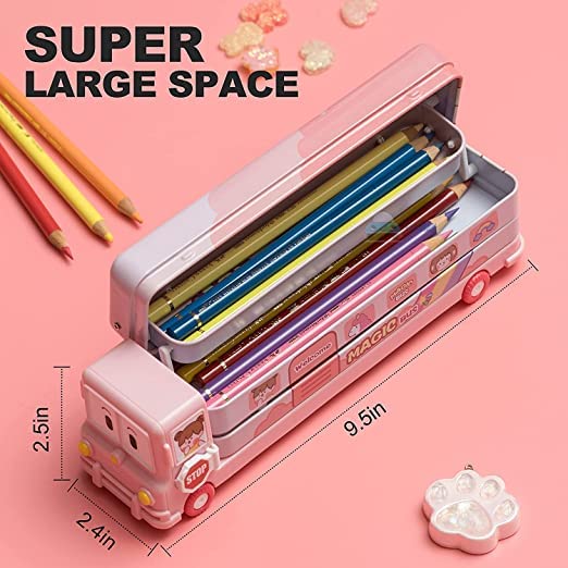 Fiddlys Stylish School Bus Geometry Box with Wheel for Kids 3+ Years (Pink)