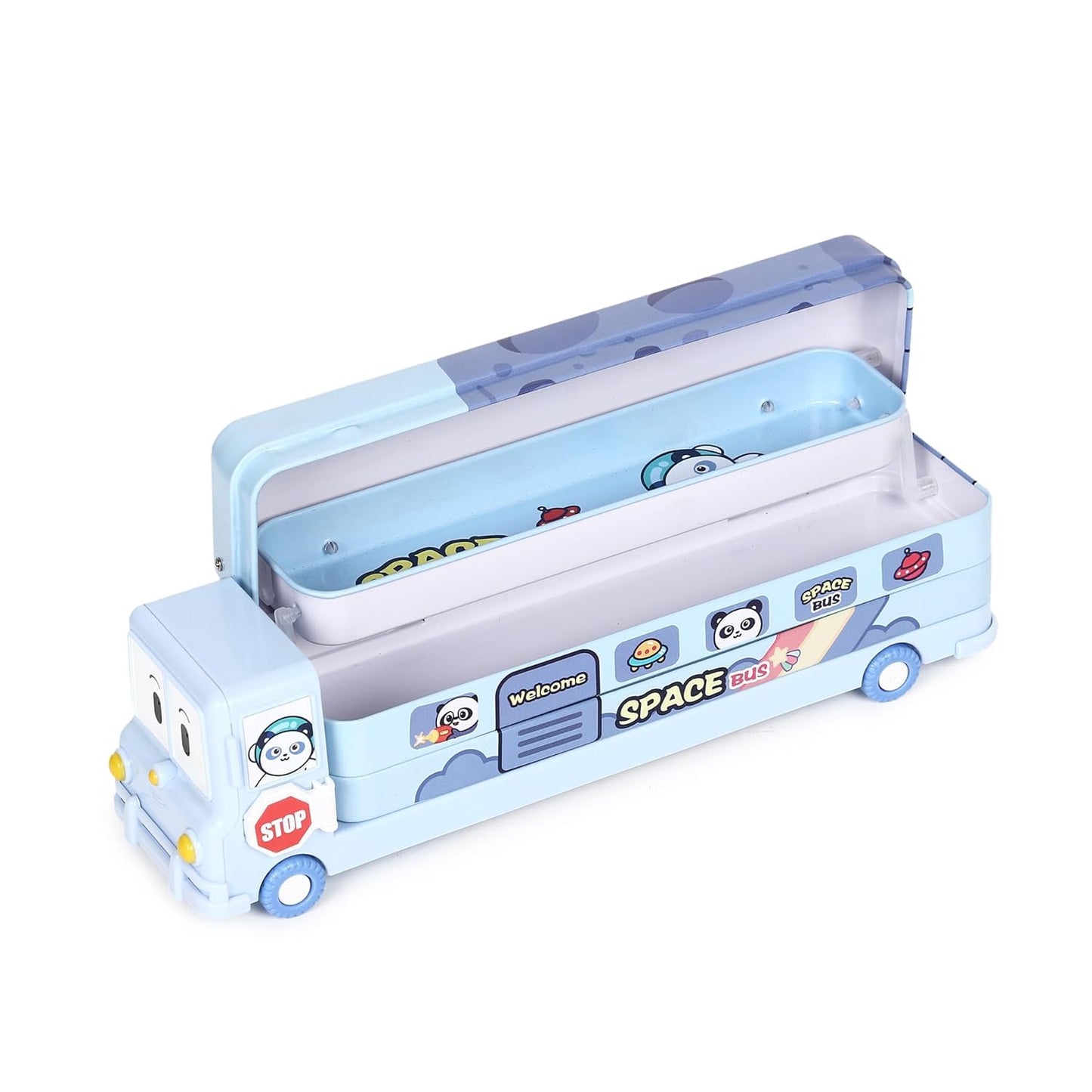 Fiddlys Stylish School Bus Geometry Box with Wheel for Kids 3+ Years (Blue)