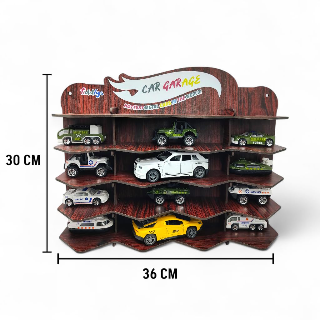Fiddlys Wooden Toy Car Display Shelf | “Car Garage” Organizer for 15 Cars | Premium Wood Finish Desktop or Wall Rack for Kids | Ideal Storage for Hot Wheels & Mini Cars (Car Desktop-Brown)