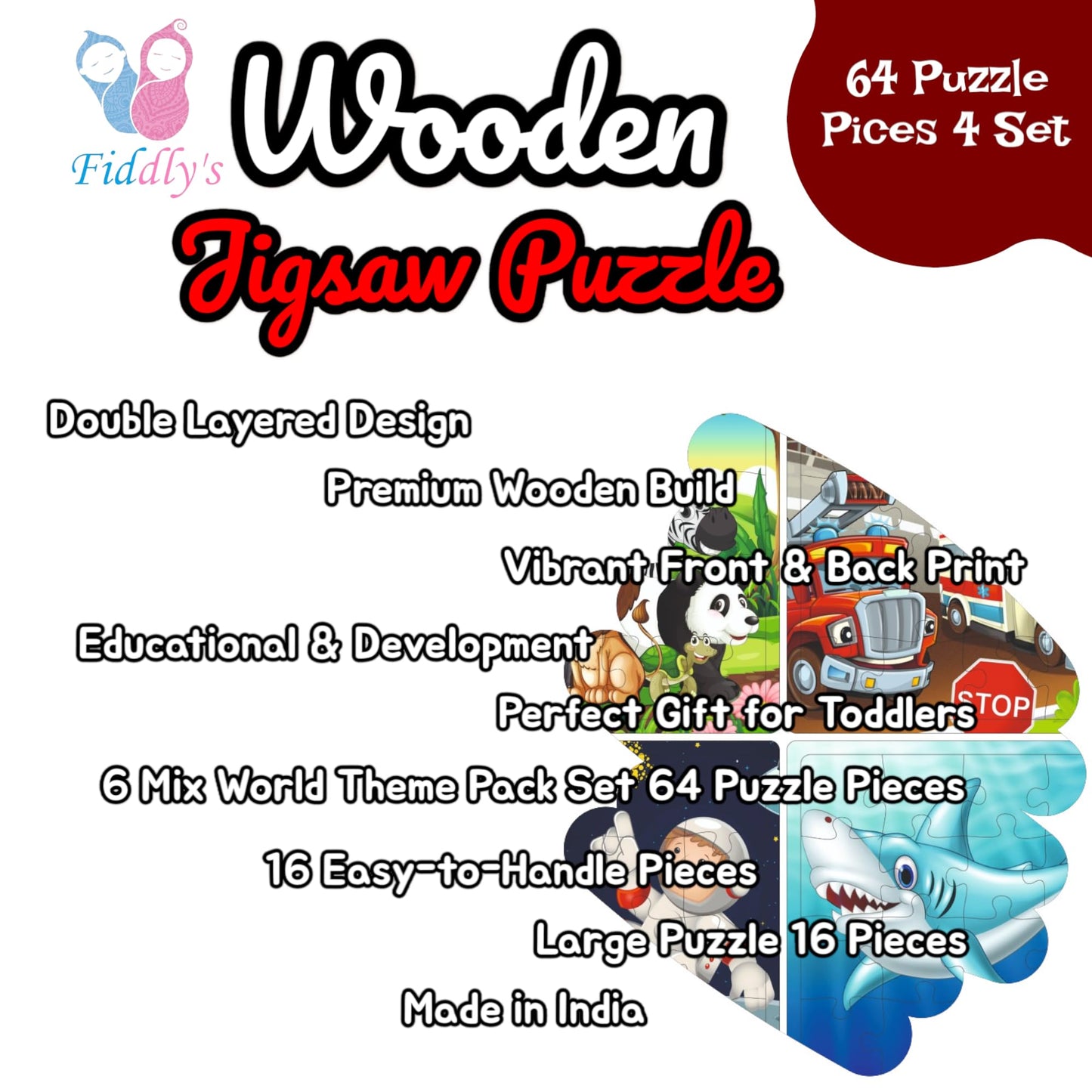 Fiddly's 16-Piece Wooden Jigsaw Puzzles for Kids Ages 3+, Double Layered Wooden Puzzles with Bright Front & Back Print