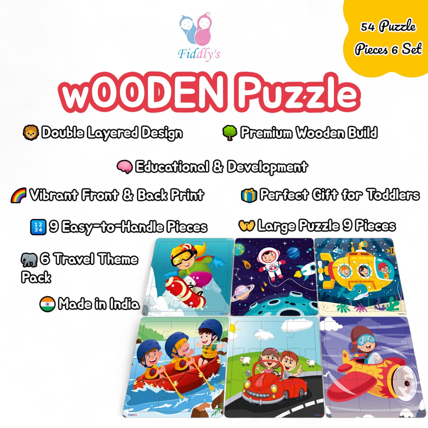Fiddlys Wooden Jigsaw Puzzles for Kids & Children – 9 Pieces Each, Pack of 6|Double Layered Front & Back Print| Educational Toy for Boys & Girls Age 2 3 4 5 6 Year Old (Travel & Adventure)