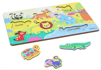 Fiddly's Wooden Learning Educational Puzzle for Kids & Children Age 4+ Double Layered Wooden Puzzles with Bright Front & Back Print(Animal)