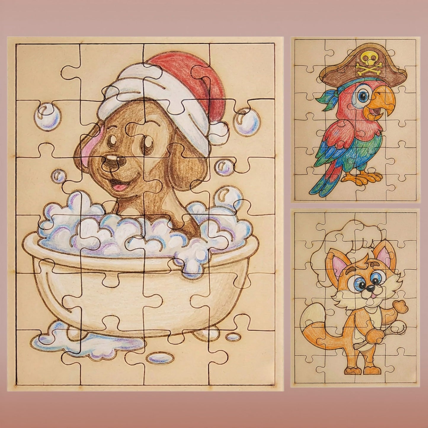 Fiddlys DIY Color Fill Wooden Jigsaw Puzzle Set for Kids (Age 4+) | 3-in-1 Paint-Your-Own Puzzle Collection | 24 Pieces Each Puzzle | Educational Toy (Cute & Fun Animals)