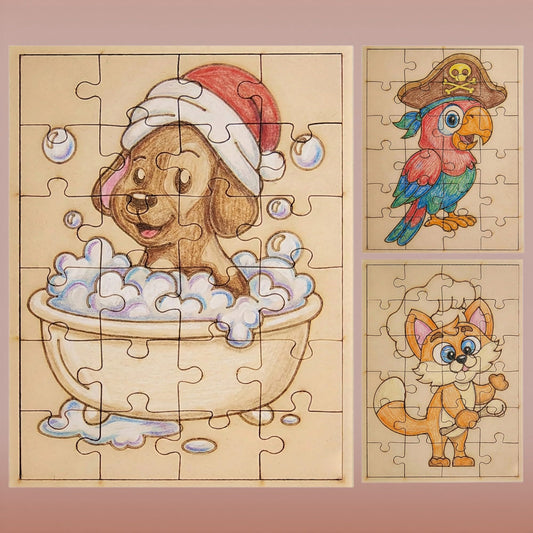 Fiddlys DIY Color Fill Wooden Jigsaw Puzzle Set for Kids (Age 4+) | 3-in-1 Paint-Your-Own Puzzle Collection | 24 Pieces Each Puzzle | Educational Toy (Cute & Fun Animals)