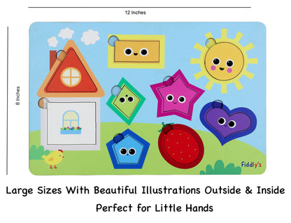Fiddlys Wooden Learning Educational Puzzle for Kids & Children Age 4+ Double Layered Wooden Puzzles with Bright Front & Back Print (Shapes)