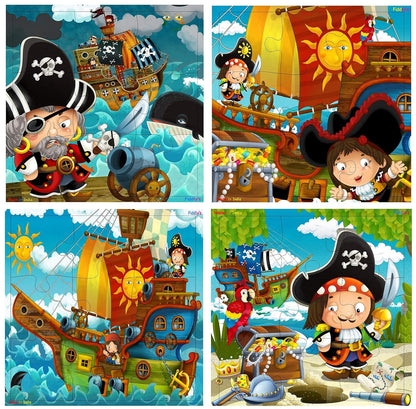Fiddlys Wooden Jigsaw Puzzles for Kids & Children – 9 Pieces Each, Pack of 4 | Double Layered Puzzles with Bright Front & Back Print | Educational Toy for Boys & Girls Age 3+(Good Pirates - Pack of 4)