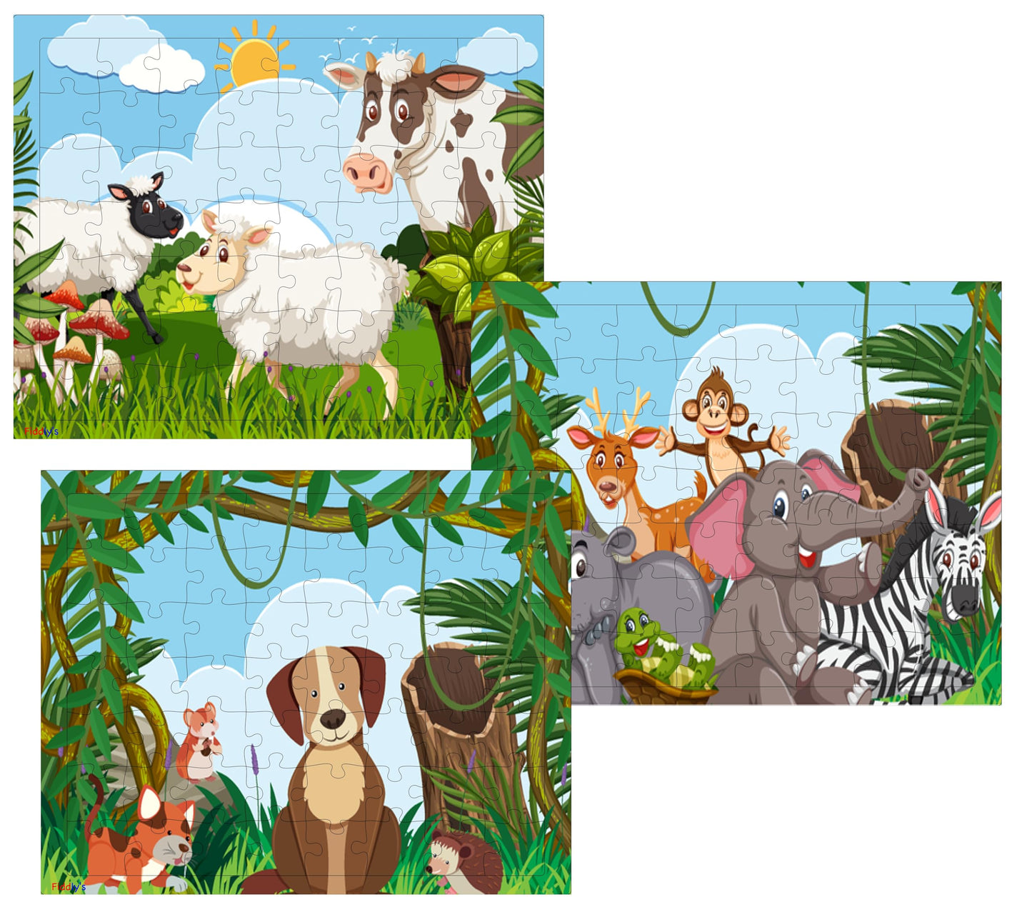 Fiddlys 54 Pcs Wood Jigsaw Puzzles for Kids & Children Age 6+ Double Layered Wooden Puzzles with Bright Front & Back Print Puzzle for Kids-Educational Toy (Cute Animals Pack of 3)