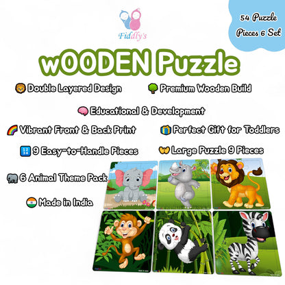 Fiddlys Wooden Jigsaw Puzzles for Kids & Children – 9 Pieces Each, Pack of 6|Double Layered Front & Back Print| Educational Toy for Boys & Girls Age 2 3 4 5 6 Year Old (Pack of 6 Animal)