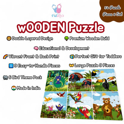 Fiddlys Wooden Jigsaw Puzzles for Kids & Children – 9 Pieces Each, Pack of 6|Double Layered Front & Back Print| Educational Toy for Boys & Girls Age 2 3 4 5 6 Year Old (Birds, Bear & Bee's)
