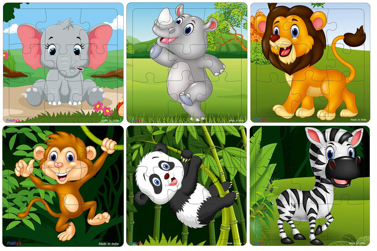Fiddlys Wooden Jigsaw Puzzles for Kids & Children – 9 Pieces Each, Pack of 6|Double Layered Front & Back Print| Educational Toy for Boys & Girls Age 2 3 4 5 6 Year Old (Pack of 6 Animal)