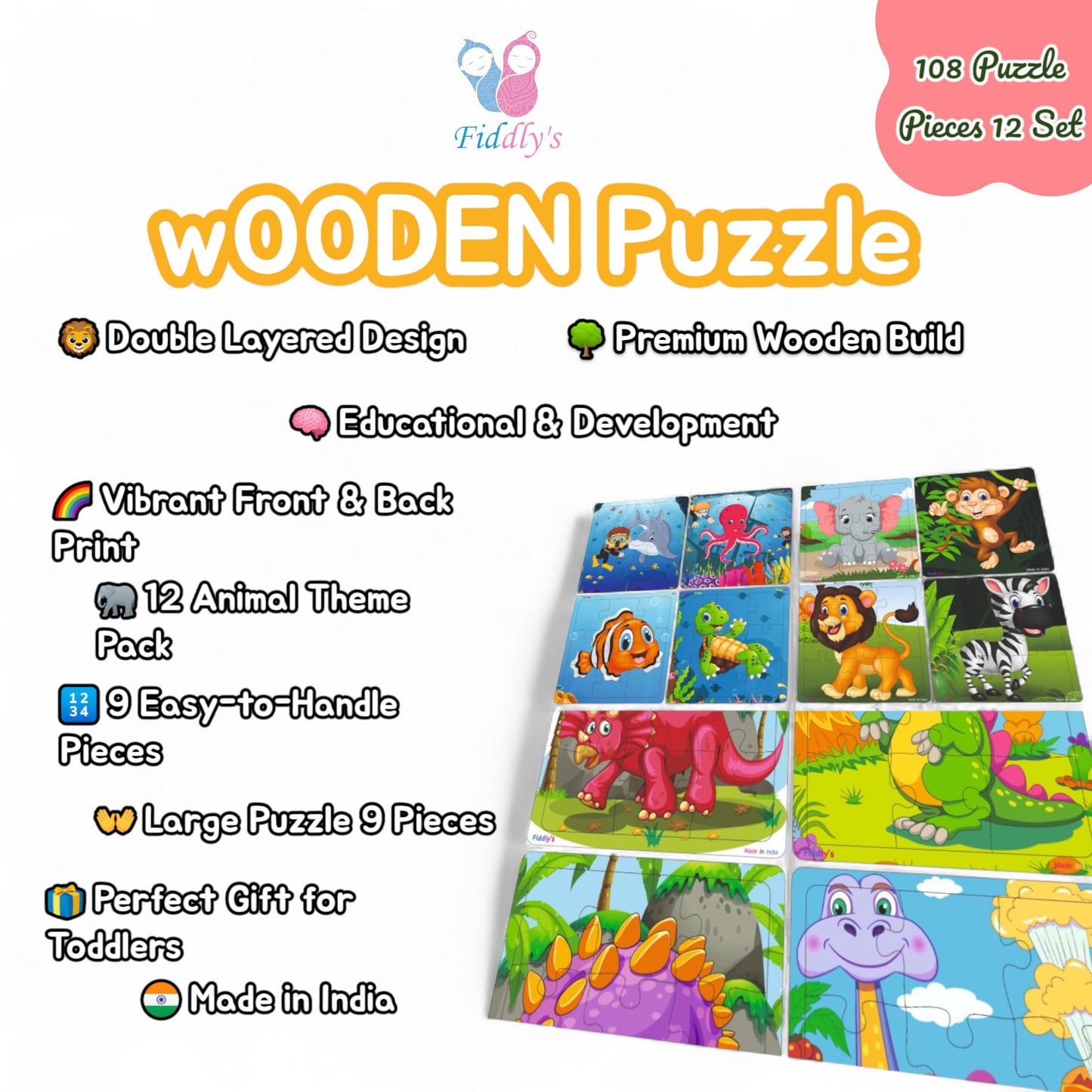 Fiddlys Wooden Jigsaw Puzzles for Kids & Children – 9 Pieces Each, Pack of 12|Double Layered Front & Back Print| Educational Toy for Boys & Girls Age 2 3 4 5 6 Year Old (Animals+Dinos+Sea)