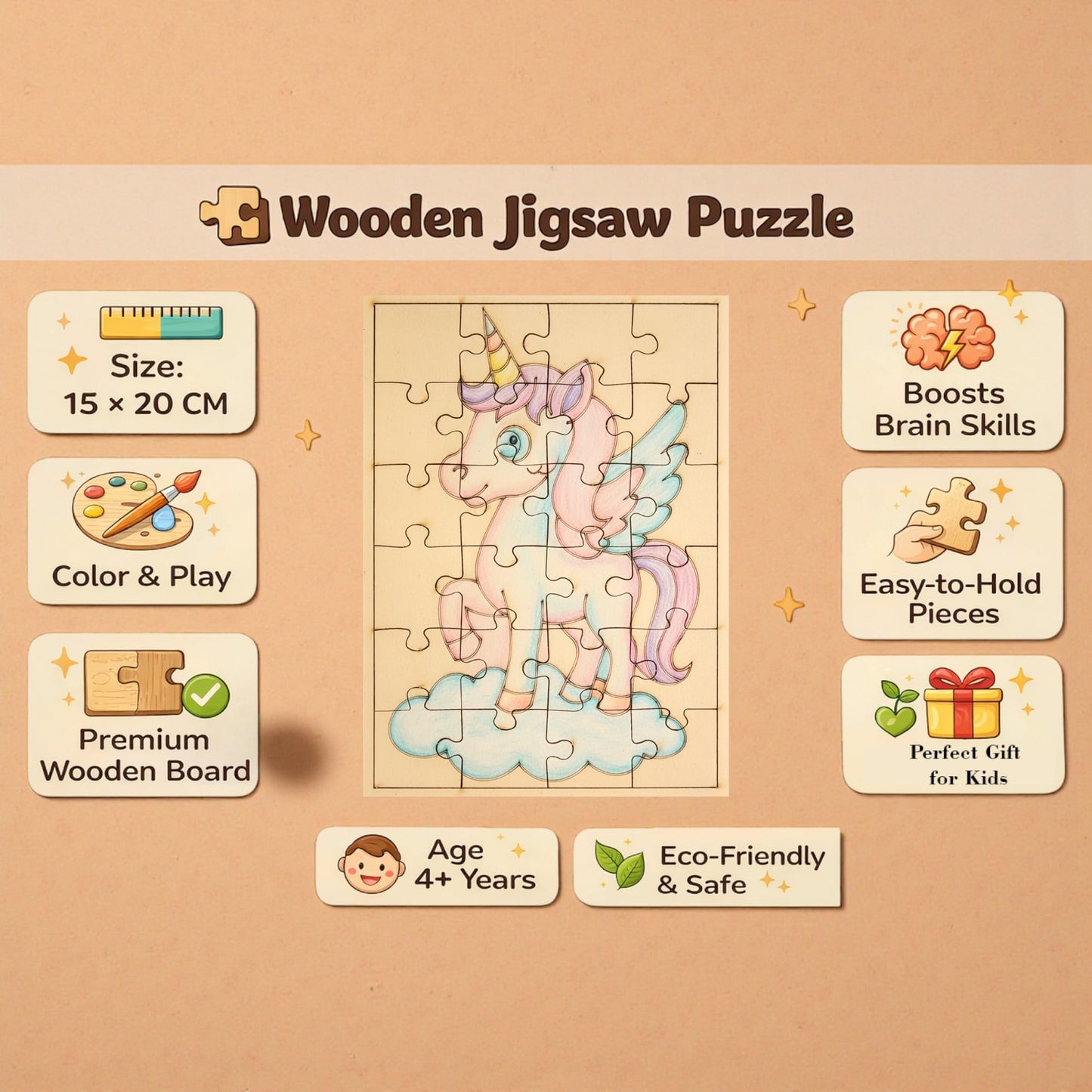 Fiddlys DIY Color Fill Wooden Jigsaw Puzzle Set for Kids (Age 4+) | 3-in-1 Paint-Your-Own Puzzle Collection | 24 Pieces Each Puzzle | Educational Toy (Fantasy Heroes)