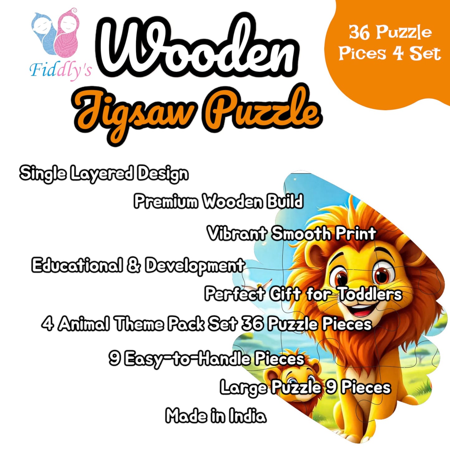 Fiddlys Single Layered Wooden Jigsaw Puzzle Games for Children & Kids -9 Pieces Age 2 3 4 5 6 Year Old Years Old Girls & Boys Animals Jigsaw Puzzle (Pack of 4 Wild Animal)