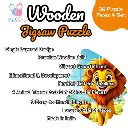 Fiddlys Single Layered Wooden Jigsaw Puzzle Games for Children & Kids -9 Pieces Age 2 3 4 5 6 Year Old Years Old Girls & Boys Animals Jigsaw Puzzle (Pack of 4 Wild Animal)