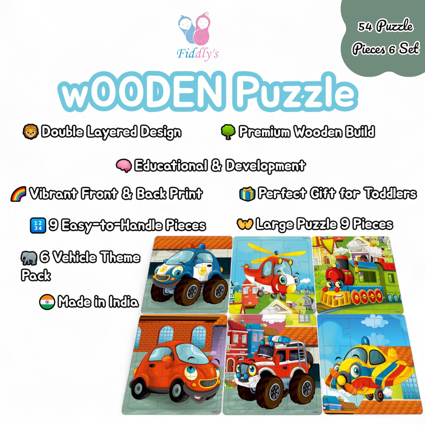 Fiddlys Wooden Jigsaw Puzzles for Kids & Children – 9 Pieces Each, Pack of 6|Double Layered Front & Back Print| Educational Toy for Boys & Girls Age 2 3 4 5 6 Year Old (Vehicles (Pack of 6))