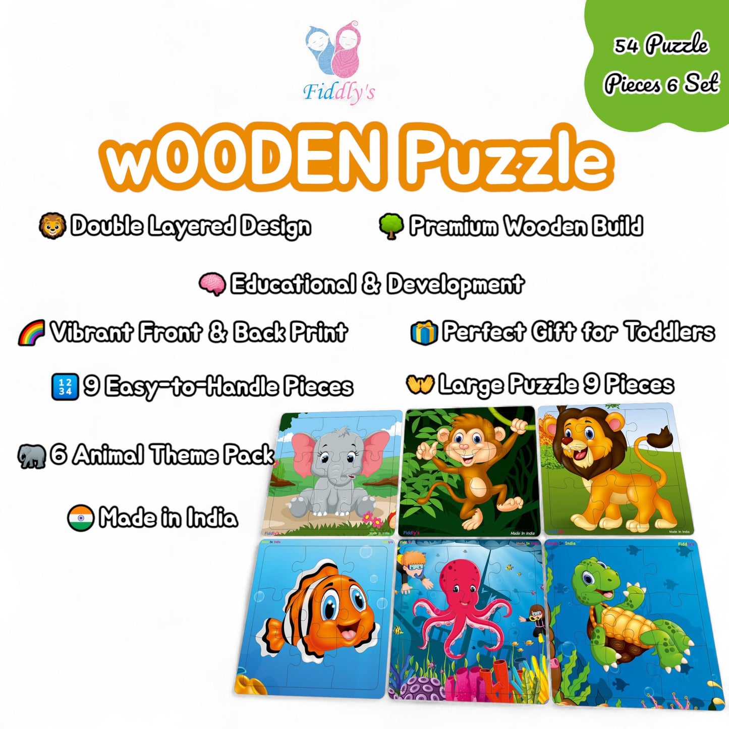 Fiddlys Wooden Jigsaw Puzzles for Kids & Children – 9 Pieces Each, Pack of 6|Double Layered Front & Back Print| Educational Toy for Boys & Girls Age 2 3 4 5 6 Year Old (Animal & Sea)