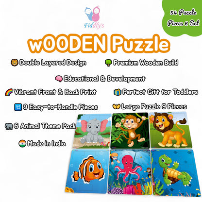 Fiddlys Wooden Jigsaw Puzzles for Kids & Children – 9 Pieces Each, Pack of 6|Double Layered Front & Back Print| Educational Toy for Boys & Girls Age 2 3 4 5 6 Year Old (Animal & Sea)