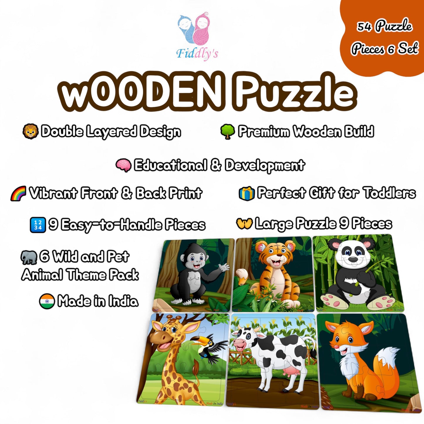 Fiddlys Wooden Jigsaw Puzzles for Kids & Children – 9 Pieces Each, Pack of 6|Double Layered Front & Back Print| Educational Toy for Boys & Girls Age 2 3 4 5 6 Year Old (Wild & Pets Animal)