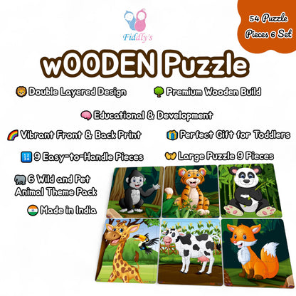 Fiddlys Wooden Jigsaw Puzzles for Kids & Children – 9 Pieces Each, Pack of 6|Double Layered Front & Back Print| Educational Toy for Boys & Girls Age 2 3 4 5 6 Year Old (Wild & Pets Animal)